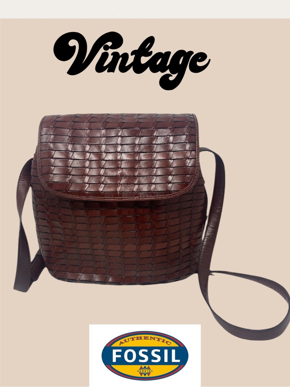 Woven Leather Vintage Fossil Crossbody Bag in Dark Brown Fall Hippie Autumn